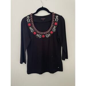 Escada Black Embellished Beaded Jersey Knit Scoop Neck Top 3/4 Sleeve Size 34